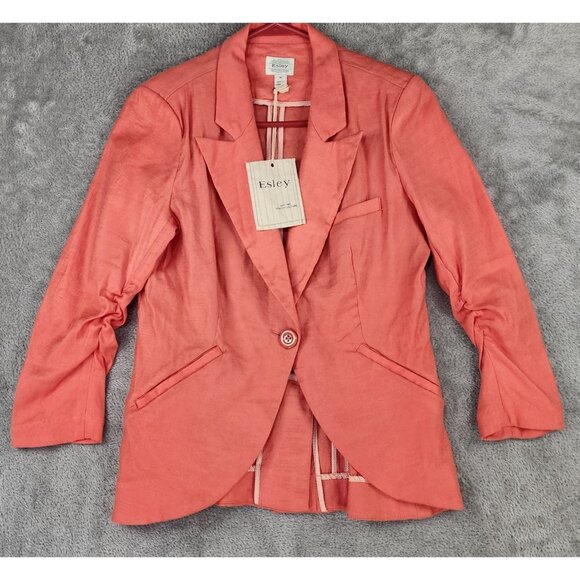 Esley Jacket Womens Medium Coral Linen One Button Cinched Long Sleeve Blazer - Picture 1 of 10